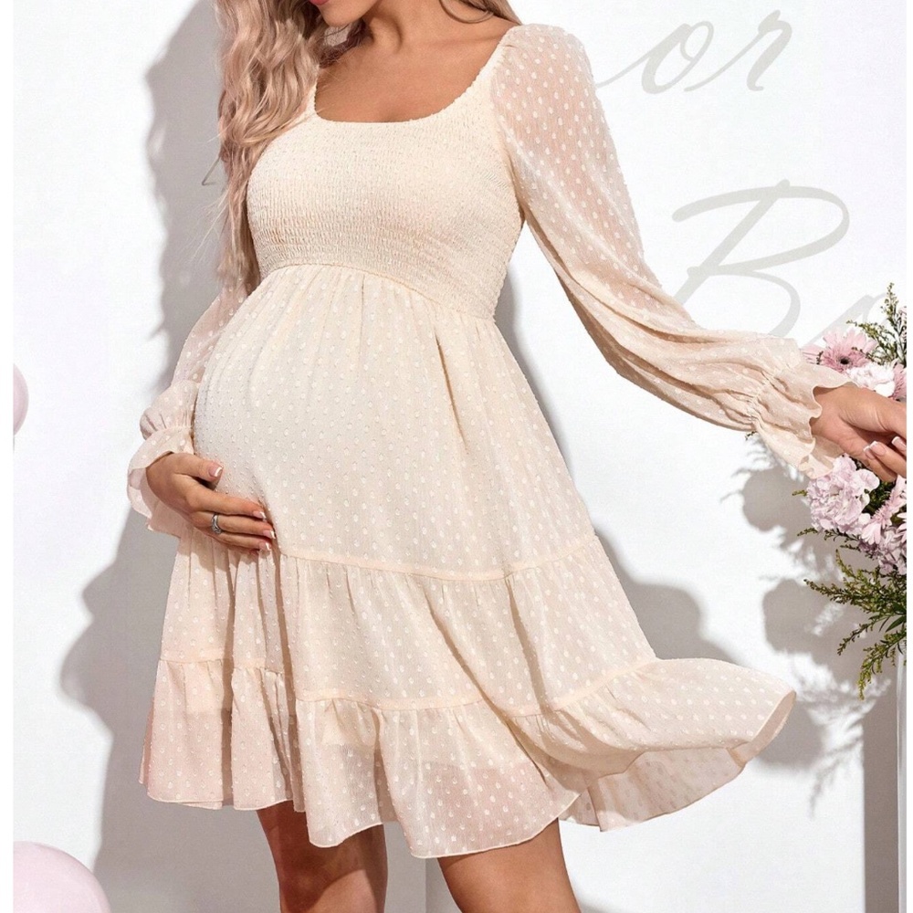 Maternity Polka Dot Shirred Bust Long Sleeve Ruffle Mini Dress